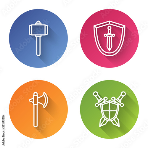 Set line Battle hammer, Medieval shield with sword, Medieval axe and Medieval shield with crossed swords. Color circle button. Vector