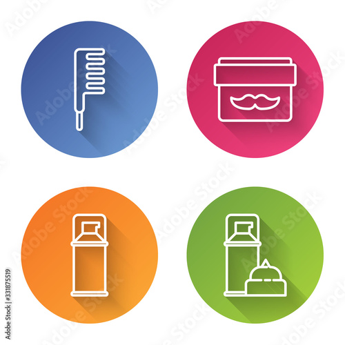 Set line Hairbrush, Cream or lotion cosmetic jar, Shaving gel foam and Shaving gel foam. Color circle button. Vector