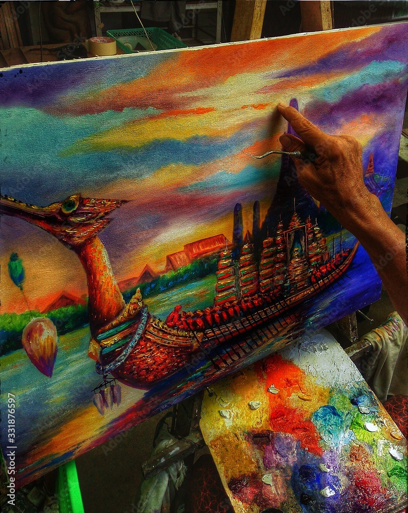Fototapeta premium hand painted original impressionism masterpieces painter contemporary palette and paintbrush art oil painting royal barge from thailand suphannahong boat
