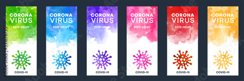 Set of coronavirus shape banner labels with watercolor background