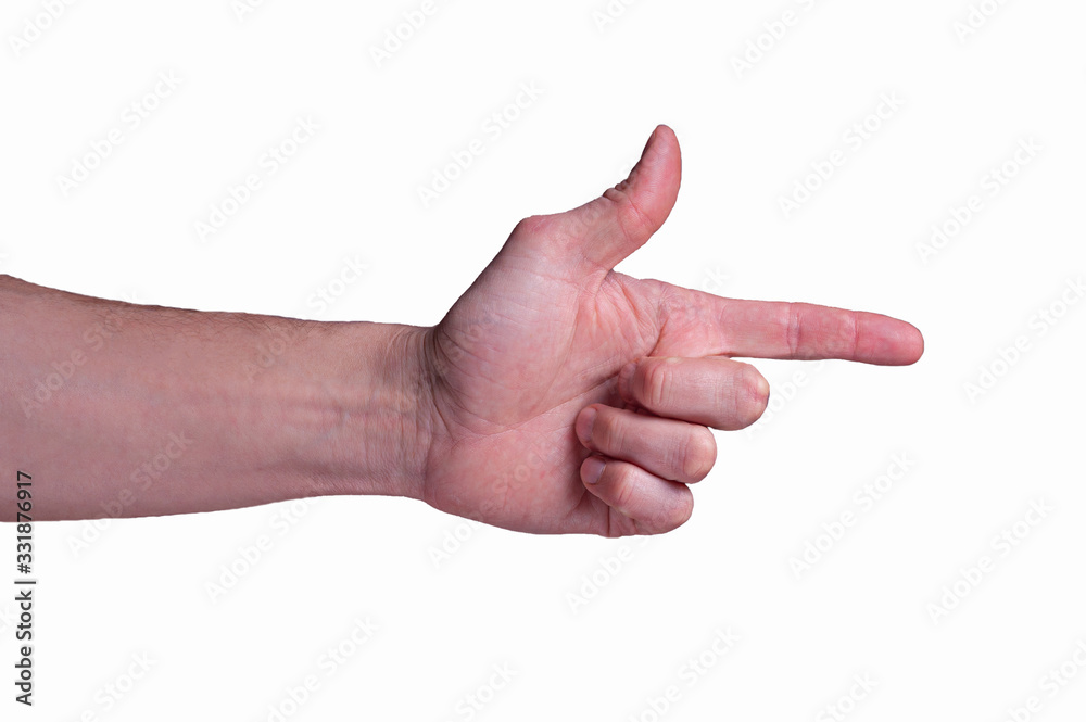 Hand of european man shows the finger gun sigh on isolated white background Hand of european man shows the finger gun sigh on isolated white background
