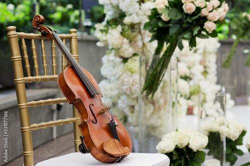 Violin for the holiday. Violin in flowers. Wedding arch.