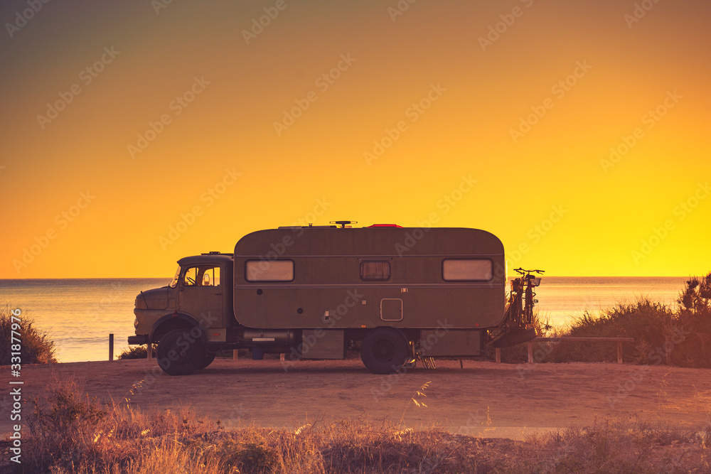 Camper car on beach, camping on nature Camper car on beach, camping on nature