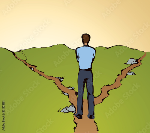 Man at the crossroads. Vector drawing