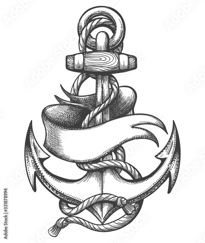 Ship Anchor and Ribbon Old School Tattoo