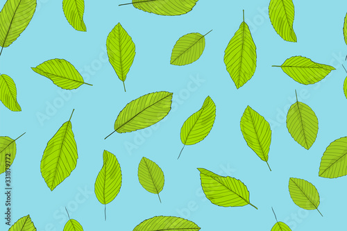 Green leaves on a blue background. Vector illustration. Seamless pattern with natural elements. Textile  fabric swatch.