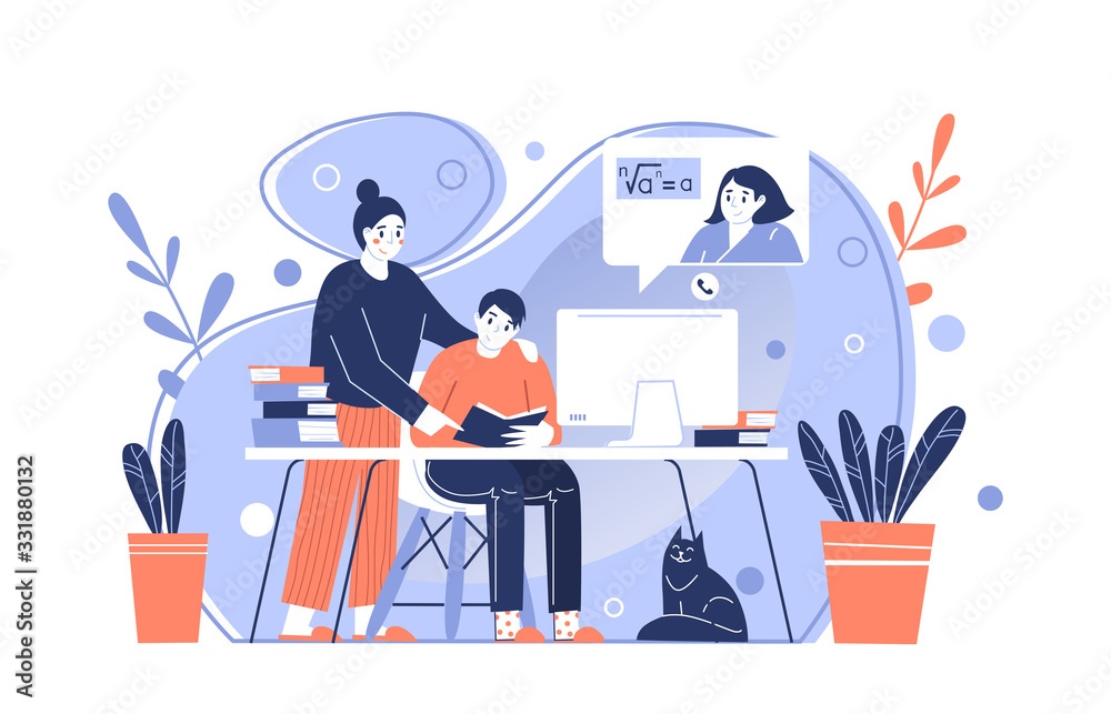 The parent teaches the child at home. Remote online distance education. Home schooling . Isolation at home during the Coronavirus epidemic. Stay at home. The parent teaches the child at home. Remote online distance education. Home schooling . Isolation at home during the Coronavirus epidemic. Stay at home.