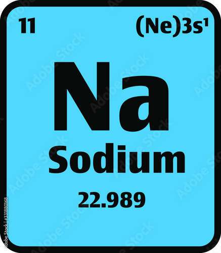 Sodium (Na) button on blue background on the periodic table of elements with atomic number or a chemistry science concept or experiment.