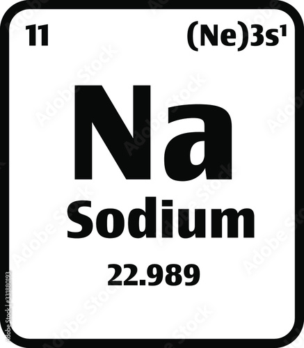 Sodium (Na) button on black and white background on the periodic table of elements with atomic number or a chemistry science concept or experiment.