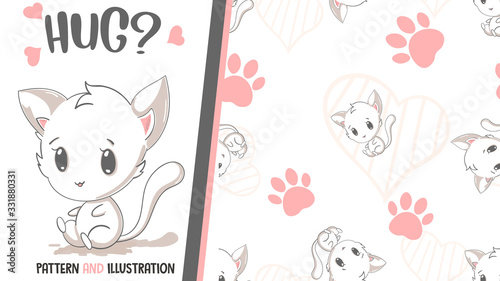 Cute kitten vector illustration and seamless pattern