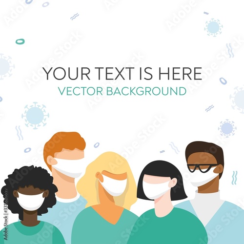 Group of young scientists in masks, protective clothing. Banner template for vaccination, pandemics, and protection from bacteriological weapons. Concept of global health problems. Vector illustration