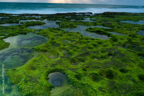 long exposure on the moss area at beauty beach with blue sky and magical wave at sunrise photo