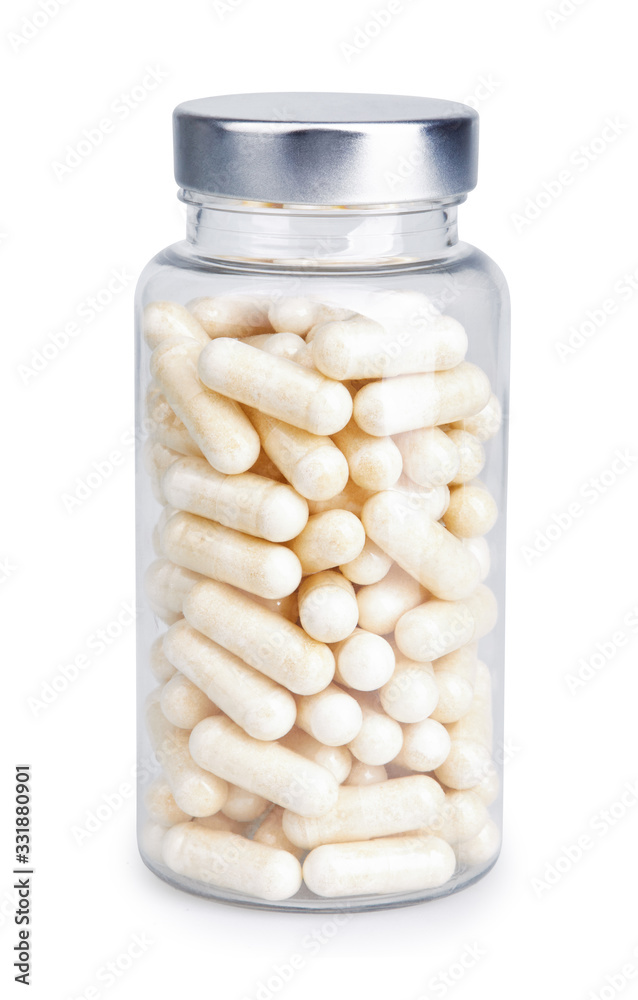 Transparent gelatin capsules with powder in transparent plastic bottle isolated on white background with clipping path Transparent gelatin capsules with powder in transparent plastic bottle isolated on white background with clipping path