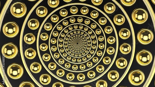 Loop able Luxurious rotating small Golden sphere on black circle plat tunnel wall footage background.
