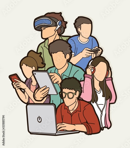 Group of People using digital devices cartoon graphic vector