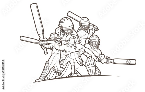 Group of Cricket players action cartoon sport graphic vector.