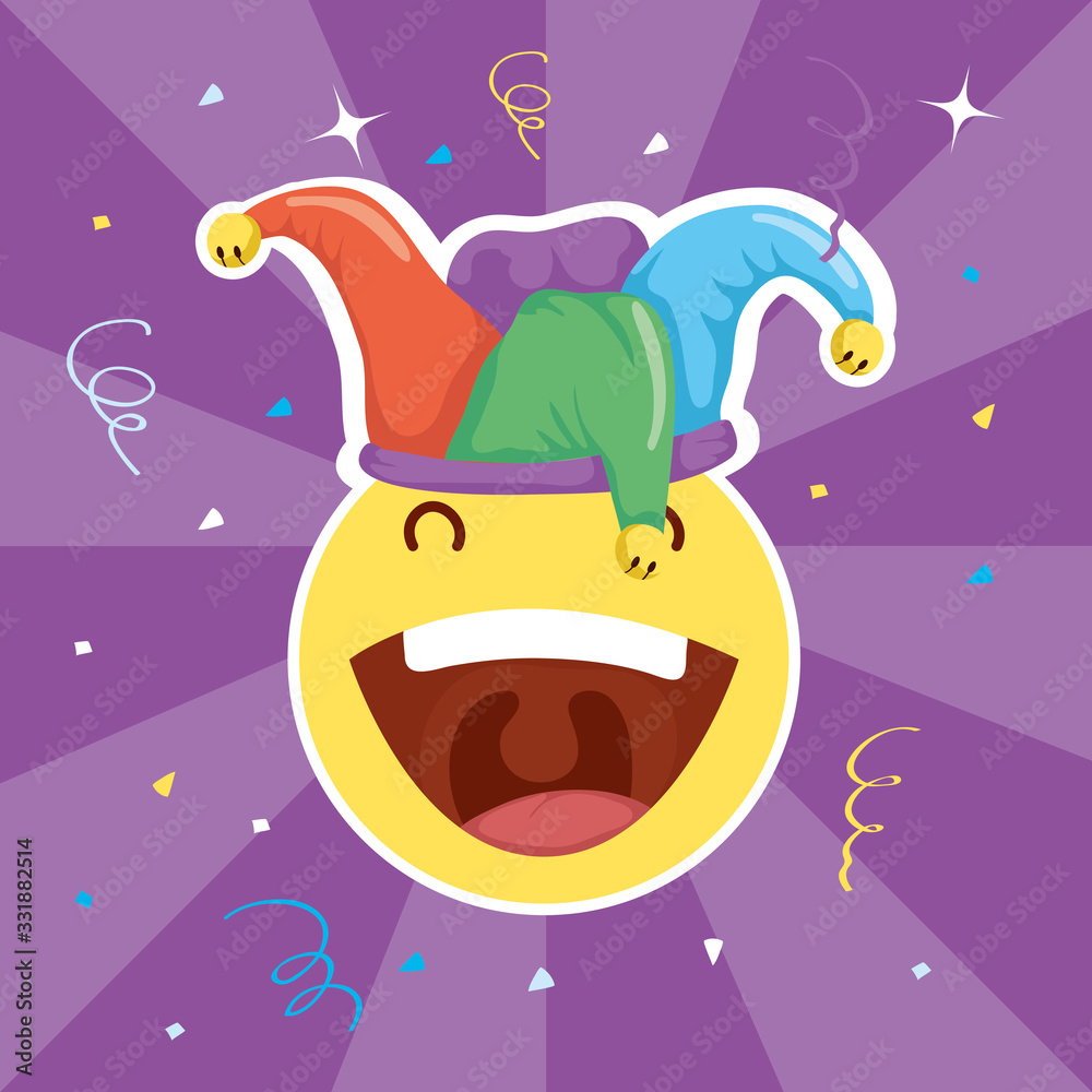 happy april fools day card with emoji crazy face and buffoon hat