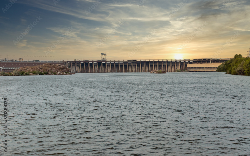 Dnieper River and hydroelectric power plant dam in Zaporizhia, Ukraine.