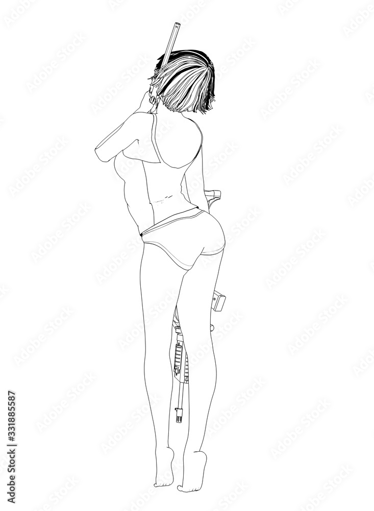 warrior woman character, 3D illustration, sketch, outline warrior woman character, 3D illustration, sketch, outline
