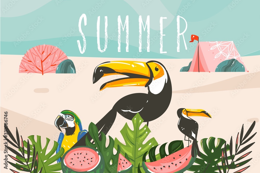 Naklejka premium Hand drawn vector stock abstract graphic illustration with a tropical birds and leaves,camp tent in ocean beach landscape and Summer typography isolated on blue background