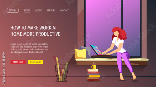 Web page design with young woman working or learning at home at night. Freelance, work at home, online job, home office, e-learning concept. Vector illustration for poster, banner, website, flyer. © TatyanaYagudina