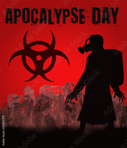 Apocalypse day with gas mask man in ruined city