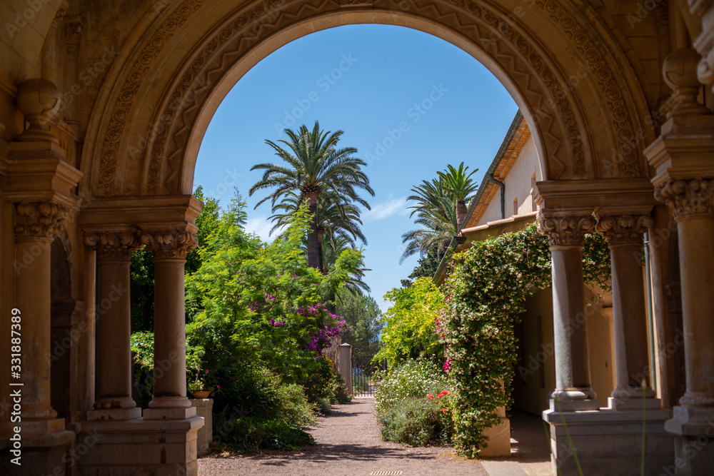 Beautiful peaceful Lerins Abbey Cistercian monastery on the island of Saint-Honorat on the French Riviera monastic community near Cannes France