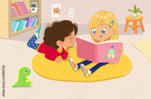 illustration of two girls reading the book in a book corner in the kindergarten