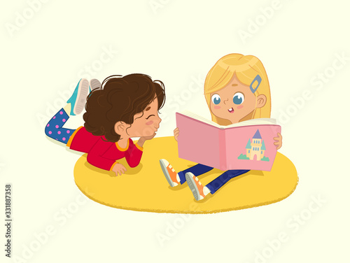 illustration of two friends girls reading the book in a book corner in the kindergarten. Isolated.