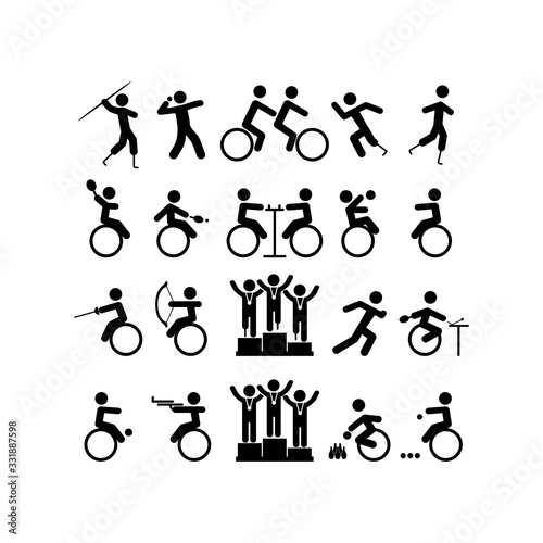 Para-athlete icon set in black or people with disabilities on isolated white background. sport competitions. EPS 10 vector.