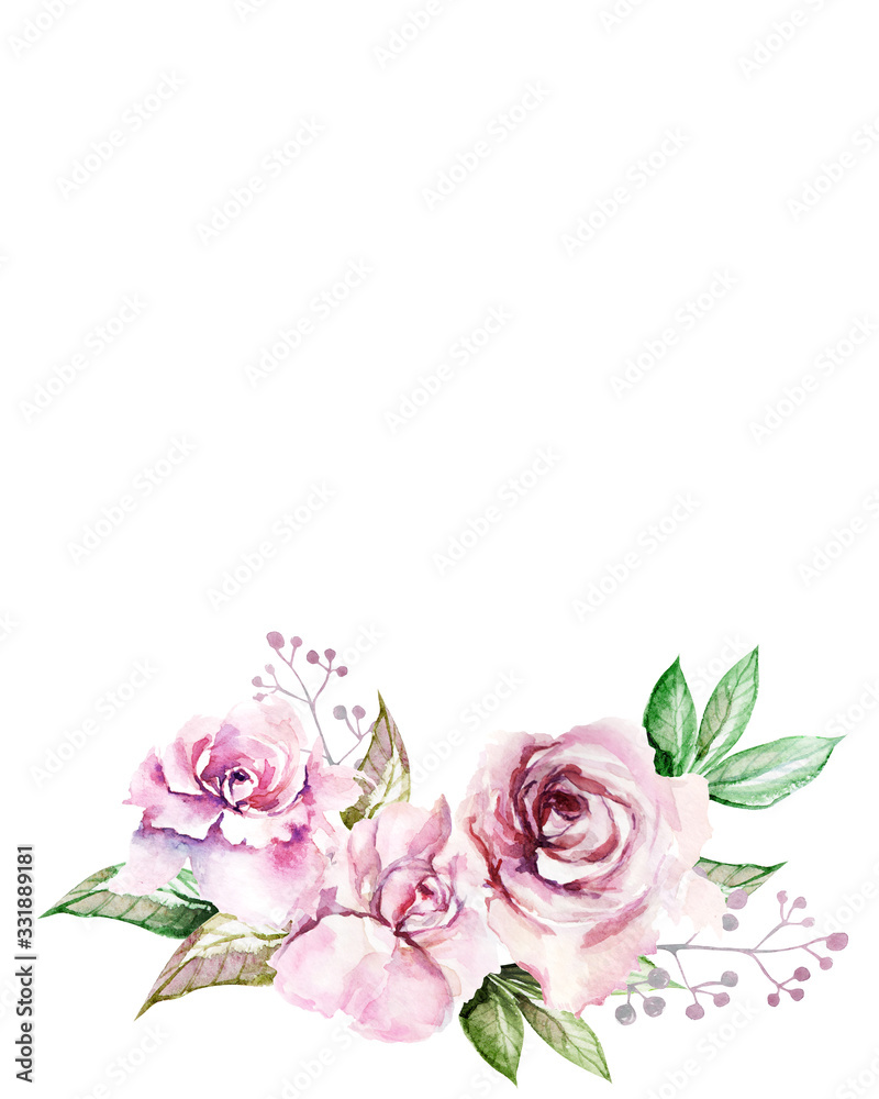 Hand-drawn greeting card in vintage style with watercolor pink roses and leaves, buds on a white background for use in design, invitations, cards, covers