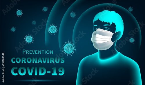Coronavirus Protection Banner. Conceptual poster man in a protective medical mask with abstract protection. Bright neon illustration on a dark background. Realistic style. Vector illustration.