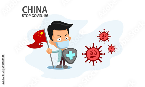 Person holding nation flag and shield fighting coronavirus pandemic or coronavirus outbreake 2019 COVID-19. Vector illustration against corona covid-19 virus. Scalable and editable vector.