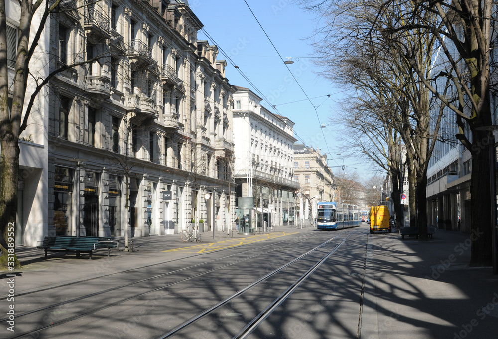 Zürich's Bahnhofstreet in times of Corona-Virus log down with closed shops, bars, restaurants and cinemas