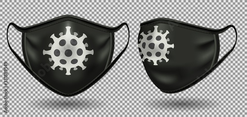 Set black medical mask with a symbol of coronavirus. Front view. To protect against infection and polluted air. 3D realistic illustration. Isolated on transparent background, vector.