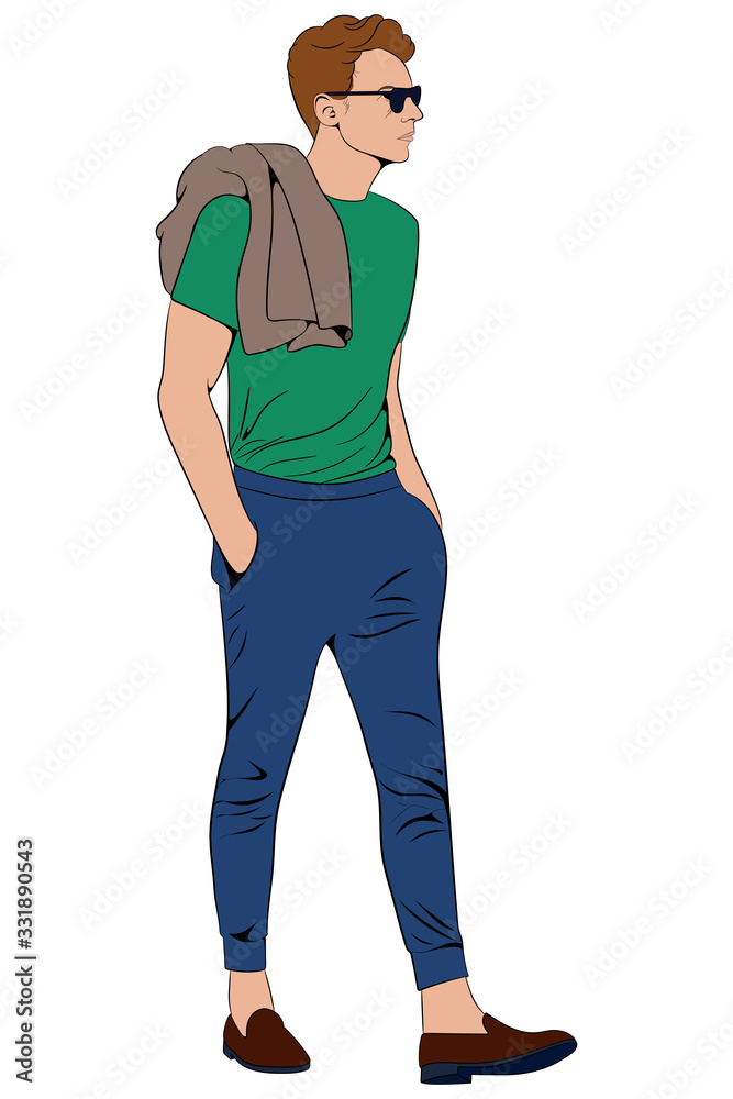 A young man in light clothing and sunglasses walks. Vector image isolated on white background. A young man in light clothing and sunglasses walks. Vector image isolated on white background.