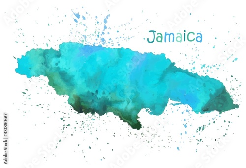 Watercolor map of Jamaica island. Stylized image with spots and splashes of paint