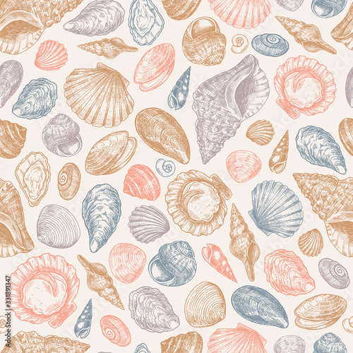 Seashell colored vintage seamless pattern. Engraved style set. Various shell forms. Vector illustration