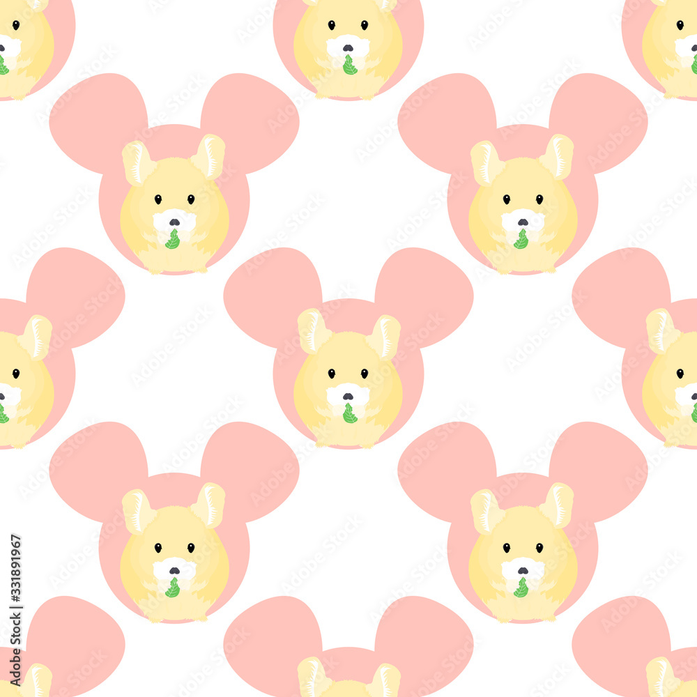 Cute cartoon mouse or small rodent eating in mouse head seamless pattern background. Hand drawn chinchilla eating leaf pattern. Childish vector illustration. Great for wallpaper, sticker, textile