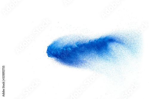 Blue color dust particles explosion cloud on white background.Color powder splash.