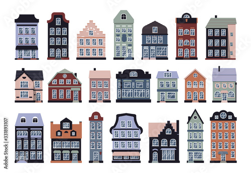 Cartoon houses colorful Amsterdam set. Graphic icon townhouse, european stayle. Flat urban and suburban home cottage. Different architecture building tall town. Isolated on white vector illustration photo