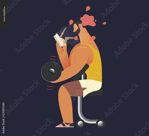 Weight lifting design template -World Book Day graphics -book week events. Modern flat vector concept illustrations of reading people -a brunette man lifting a dumbbell, reading a detective story