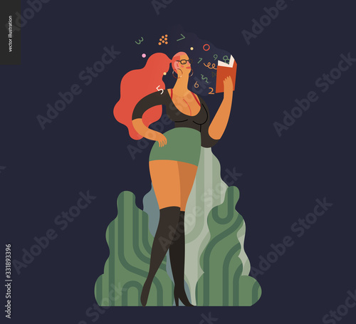 World Book Day graphics, vulgar dressed woman, book week events. Modern flat vector concept illustrations of reading people - a vulgar dressed woman in street reading a finance book with enthusiasm