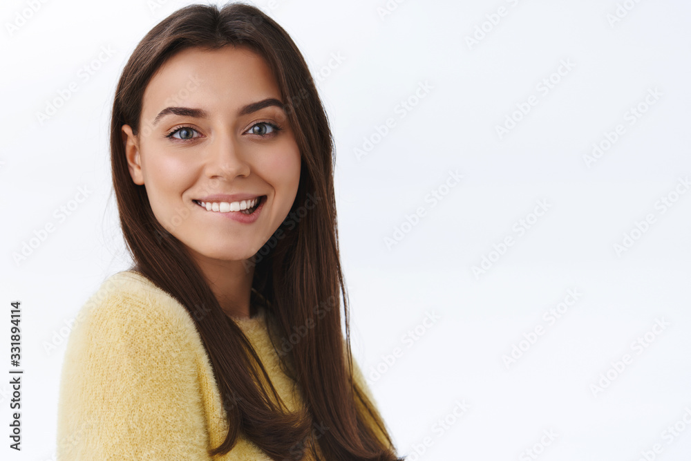 Cant resist temptation. Coquettish alluring brunette woman biting lip and looking camera with desire and interest, biting lip flirty and sensually, want something badly, stand white background Cant resist temptation. Coquettish alluring brunette woman biting lip and looking camera with desire and interest, biting lip flirty and sensually, want something badly, stand white background