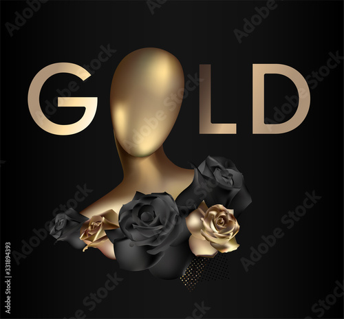 Poster with gold letters and volumable silhouette of woman. Vector illustration