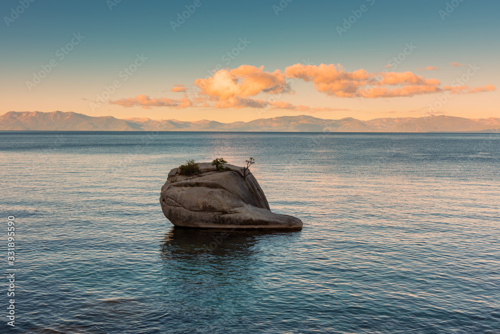 Bonsai Rock in Lake Tahoe on the Nevada side, USA. California is located across the water.