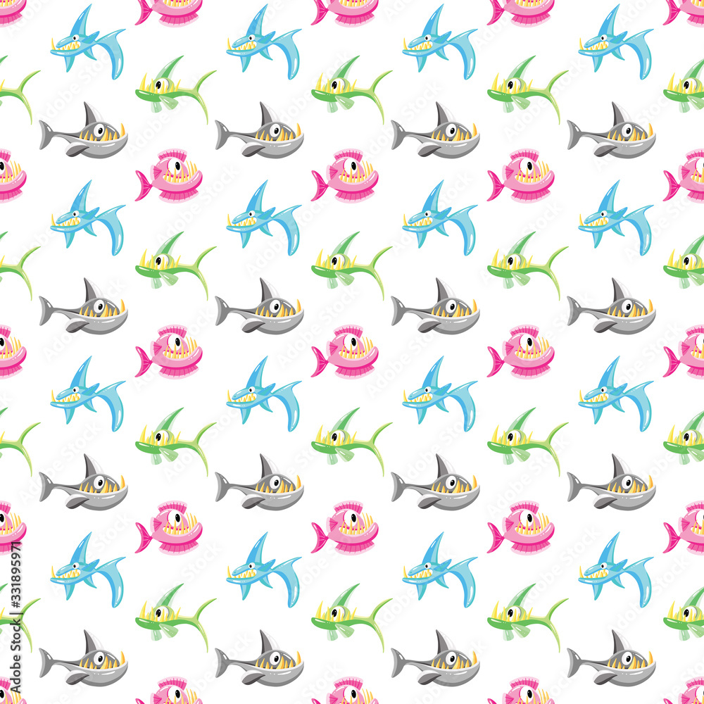  Colourful Fish Whale Shark Cartoon Illustration Seamless Pattern