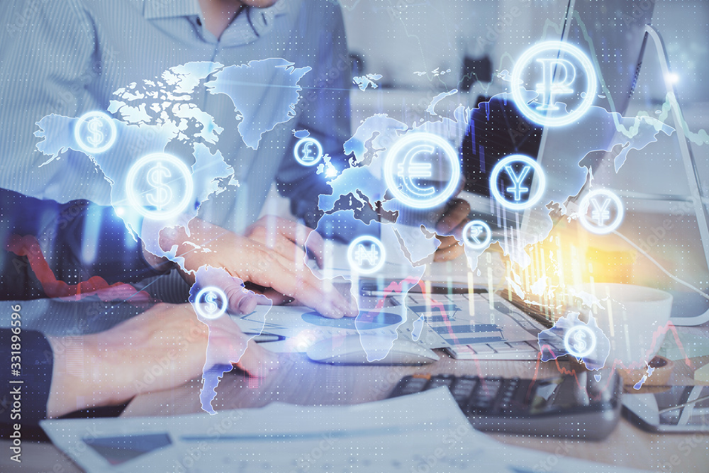 Multi exposure of chart with man typing on computer in office on background. Concept of hard work. Multi exposure of chart with man typing on computer in office on background. Concept of hard work.