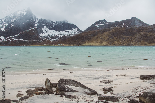 Norway mountain on the islands Lofoten. Natural scandinavian landscape. Place for text or advertising photo