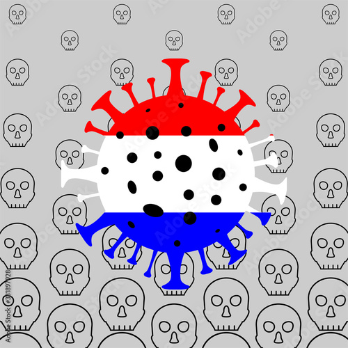 Coronavirus kills people in Netherlands. Coronavirus danger. Novel coronavirus (2019-nCoV), Abstract virus strain model on the background of skulls
